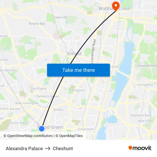Alexandra Palace to Cheshunt map