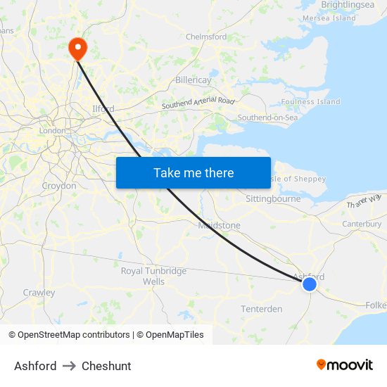 Ashford to Cheshunt map