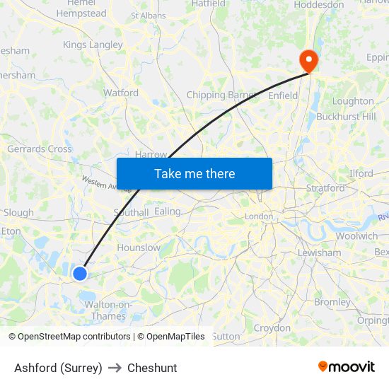 Ashford (Surrey) to Cheshunt map