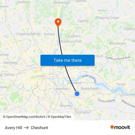 Avery Hill to Cheshunt map