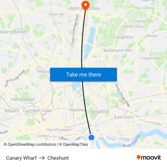 Canary Wharf to Cheshunt map