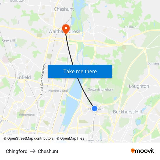 Chingford to Cheshunt map