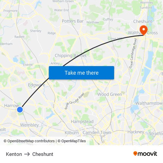 Kenton to Cheshunt map