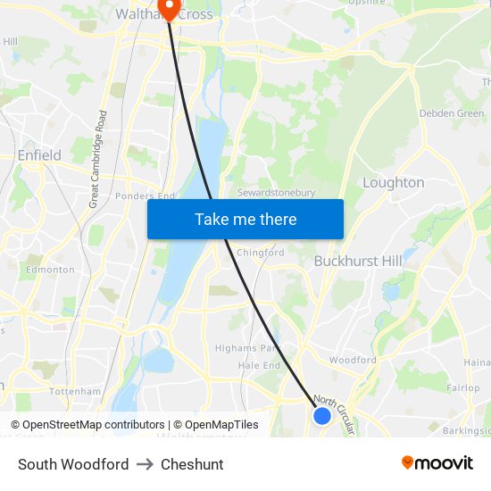 South Woodford to Cheshunt map
