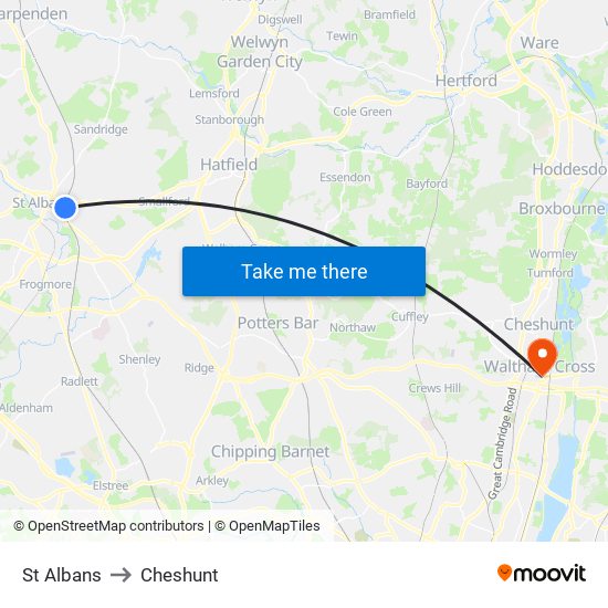 St Albans to Cheshunt map