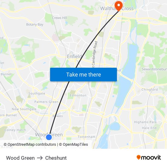 Wood Green to Cheshunt map