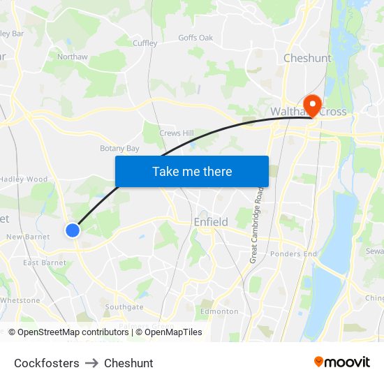 Cockfosters to Cheshunt map