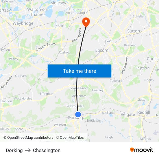 Dorking to Chessington map