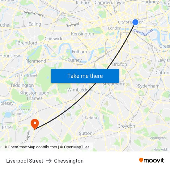 Liverpool Street to Chessington map