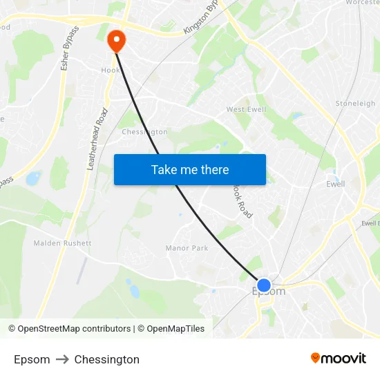 Epsom to Chessington map