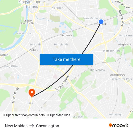 New Malden to Chessington map