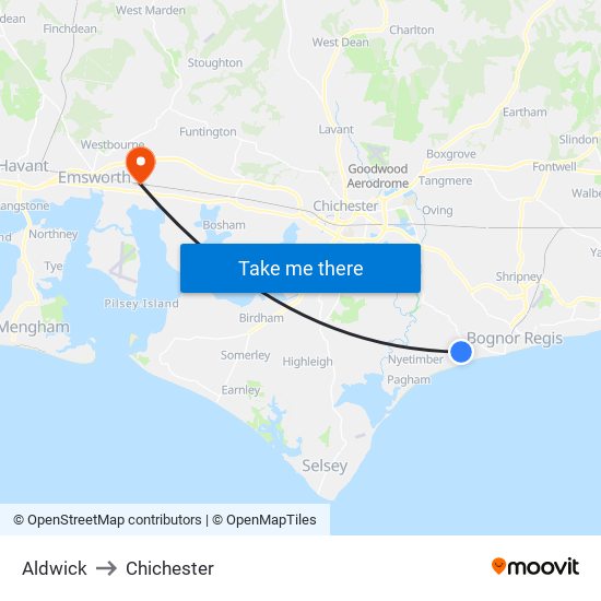 Aldwick to Chichester map