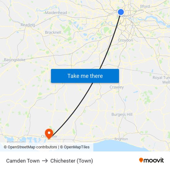 Camden Town to Chichester (Town) map