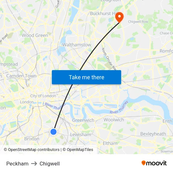 Peckham to Chigwell map