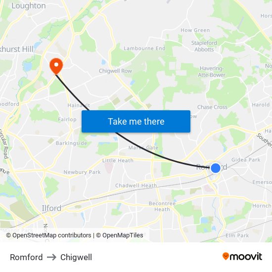 Romford to Chigwell map