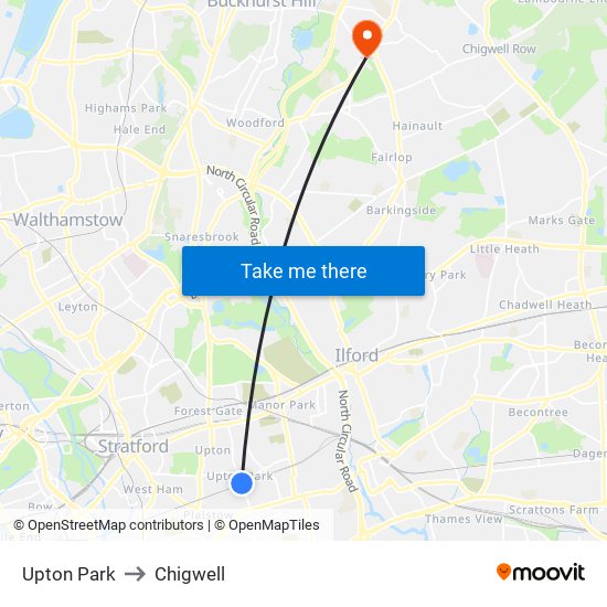 Upton Park to Chigwell map