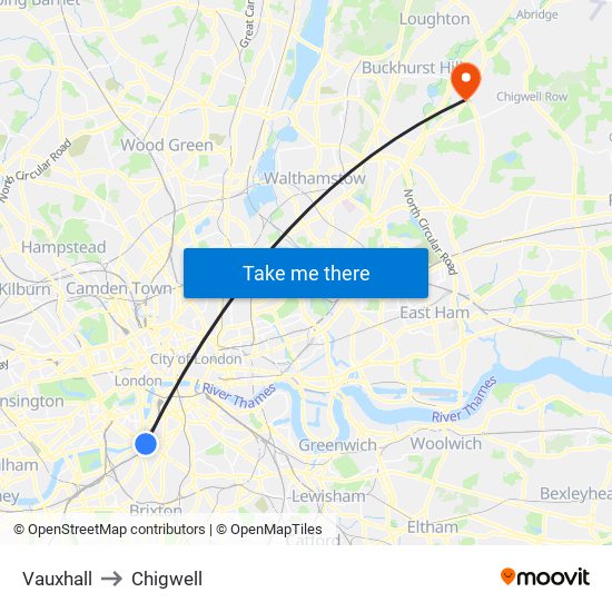 Vauxhall to Chigwell map