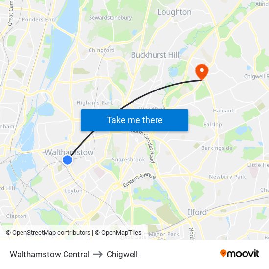 Walthamstow Central to Chigwell map