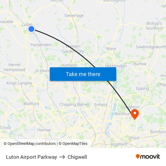 Luton Airport Parkway to Chigwell map