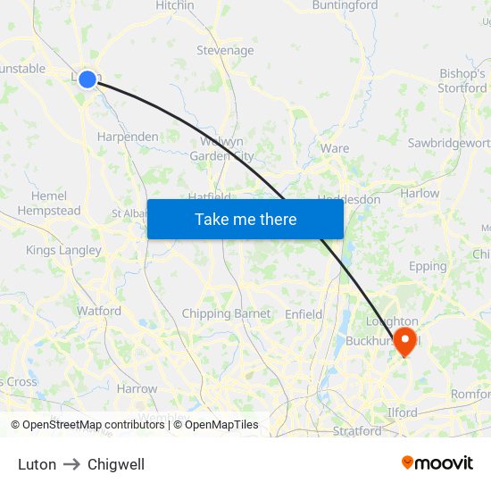 Luton to Chigwell map