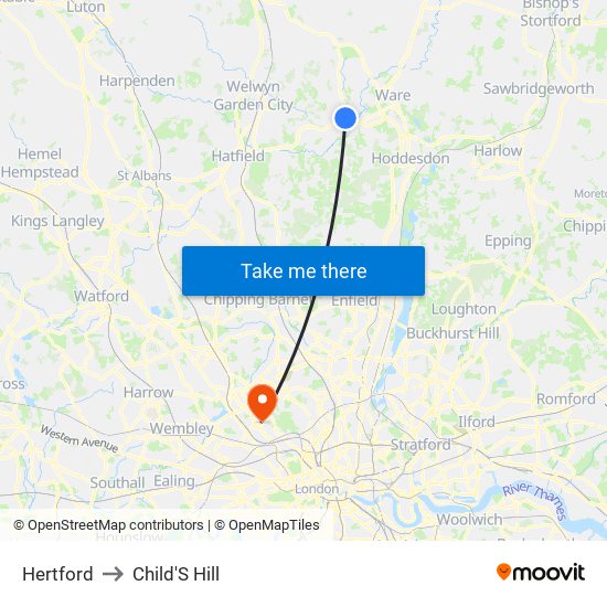 Hertford to Child'S Hill map