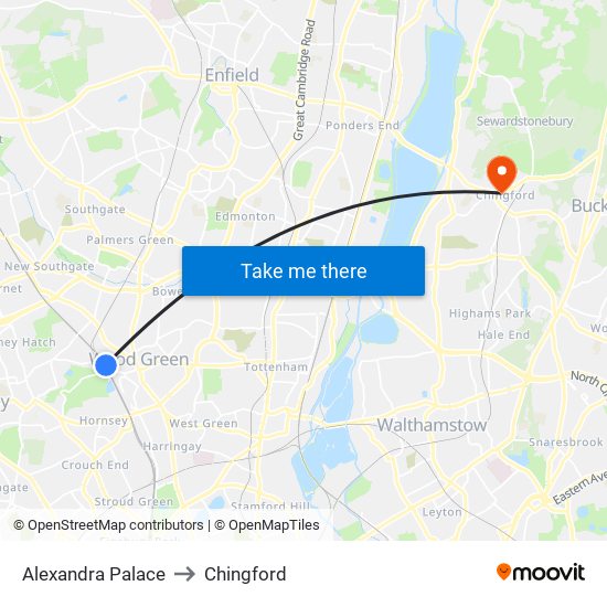 Alexandra Palace to Chingford map