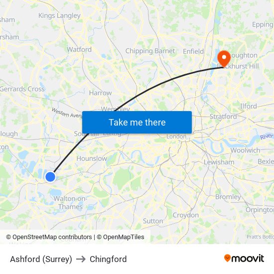 Ashford (Surrey) to Chingford map