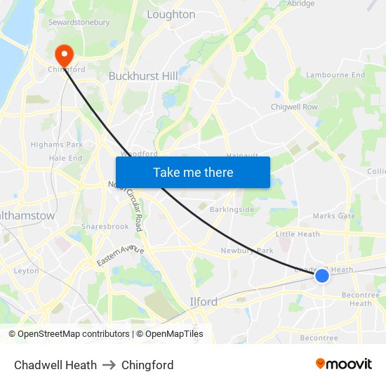 Chadwell Heath to Chingford map