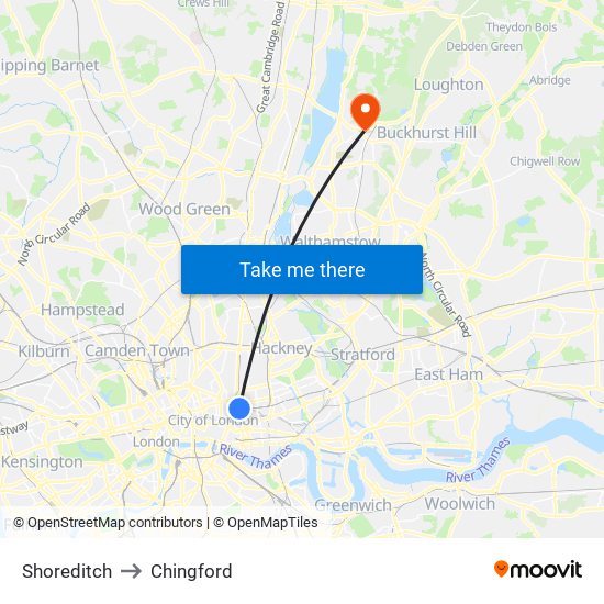 Shoreditch to Chingford map