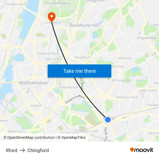 Ilford to Chingford map