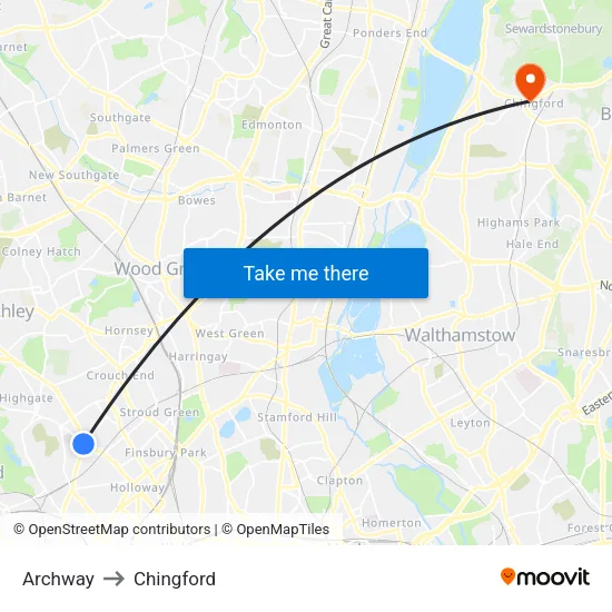 Archway to Chingford map
