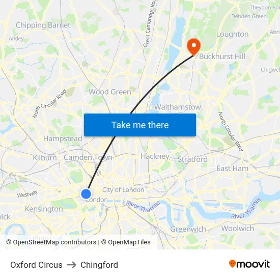Oxford Circus to Chingford map
