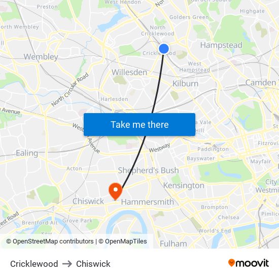 Cricklewood to Chiswick map