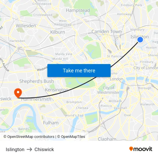 Islington to Chiswick map