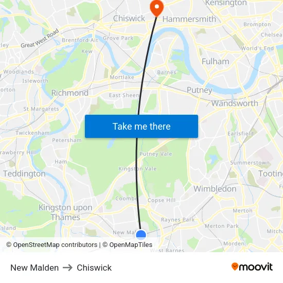 New Malden to Chiswick map