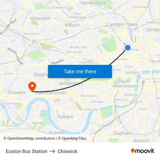 Euston Bus Station to Chiswick map
