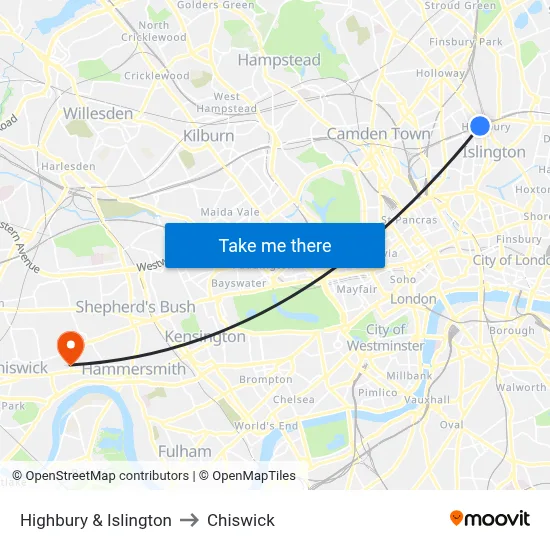 Highbury & Islington to Chiswick map