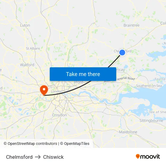 Chelmsford to Chiswick map