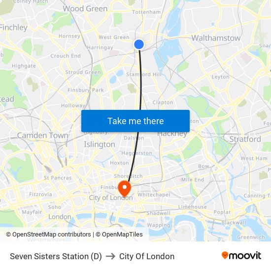 Seven Sisters Station (D) to City Of London map