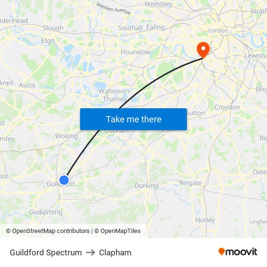 Guildford Spectrum to Clapham map