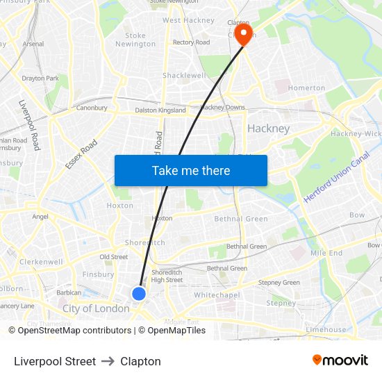 Liverpool Street to Clapton map