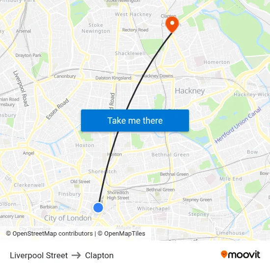 Liverpool Street to Clapton map
