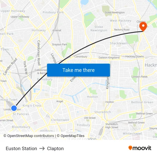 Euston Station to Clapton map