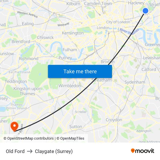 Old Ford to Claygate (Surrey) map