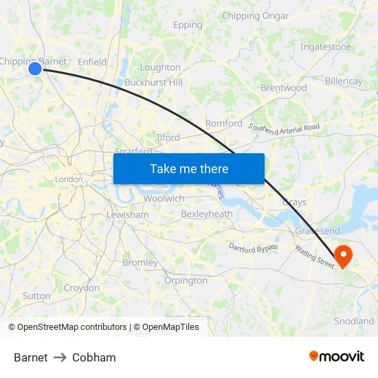 Barnet to Cobham map