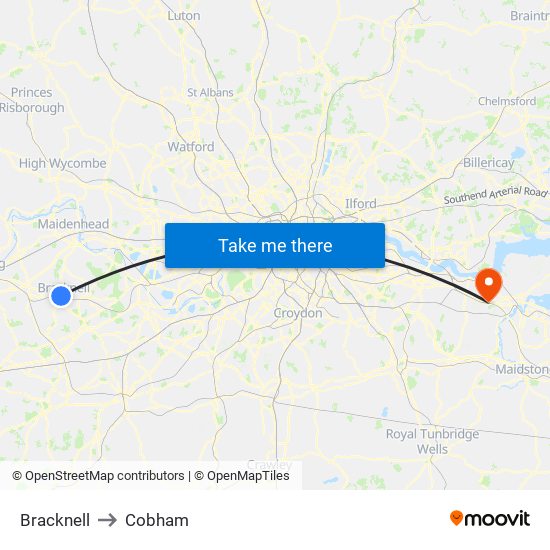 Bracknell to Cobham map