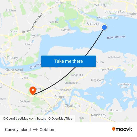 Canvey Island to Cobham map