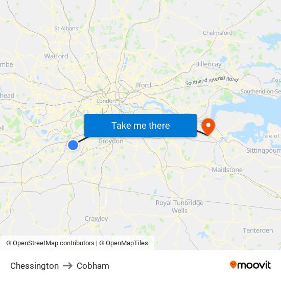 Chessington to Cobham map