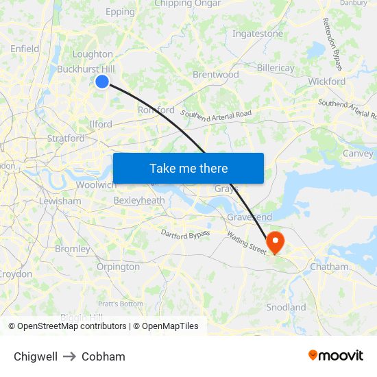 Chigwell to Cobham map