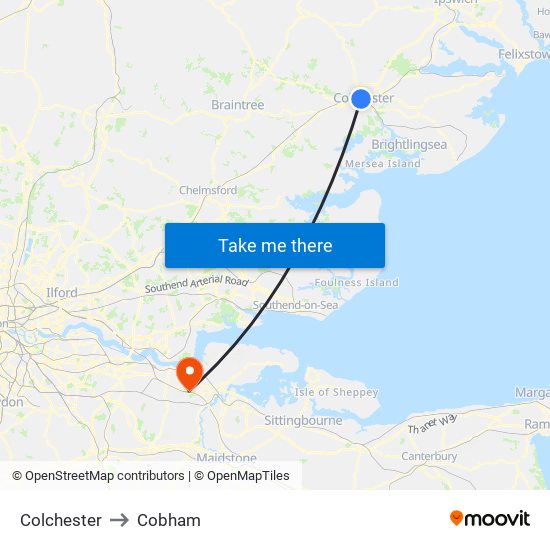 Colchester to Cobham map
